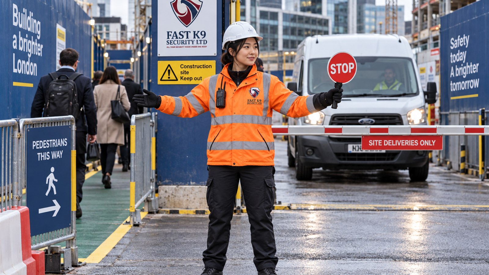 Fast K9 Security Limited traffic marshal managing pedestrians and vehicles at a city site